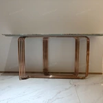 Teal Green Stone Console Table with Parallel Tubular Rose Gold Metal Base